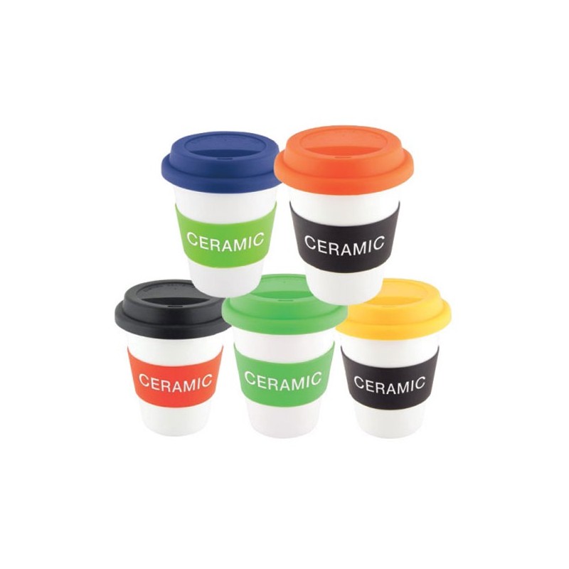 White Ceramic Takeaway Cup Corporate Branded & Printed Promotional Reusable Coffee Cups G1111O