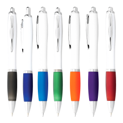 Plastic Promotional Pens - Nash Ballpoint Pen with White Barrel and Coloured Grip