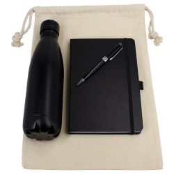 Gift Set - Cotton Drawstring Bag, Insulated Bottle, Journal & Pen