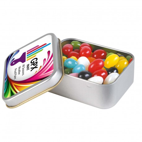 Promotional Jelly Beans - Assorted Colour Mini Jelly Beans in Silver Rectangular Tin