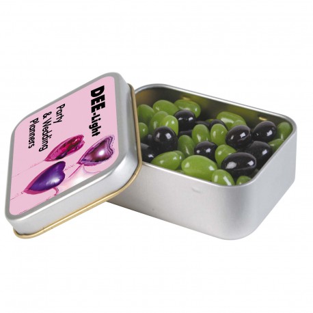 Promotional Jelly Beans - Corporate Colour Mini Jelly Beans in Silver Rectangular Tin
