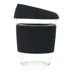 Black 340ml Reusable Glass Karma Kup with Silicone Band and Lid