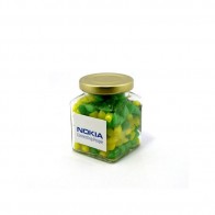Corporate Coloured Humbugs in Glass Square Jar 140G