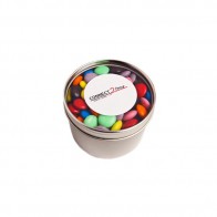 Small Round Acrylic Window Tin Fillled with Choc Beans 170G (Mixed Colours)